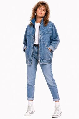 Vintage ‘80s Medium Wash Studded High Collar Full Zip Denim Jacket w/ Pockets